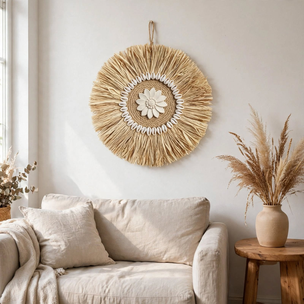 Décoration murale raphia — Rosaces tissées 30 cm