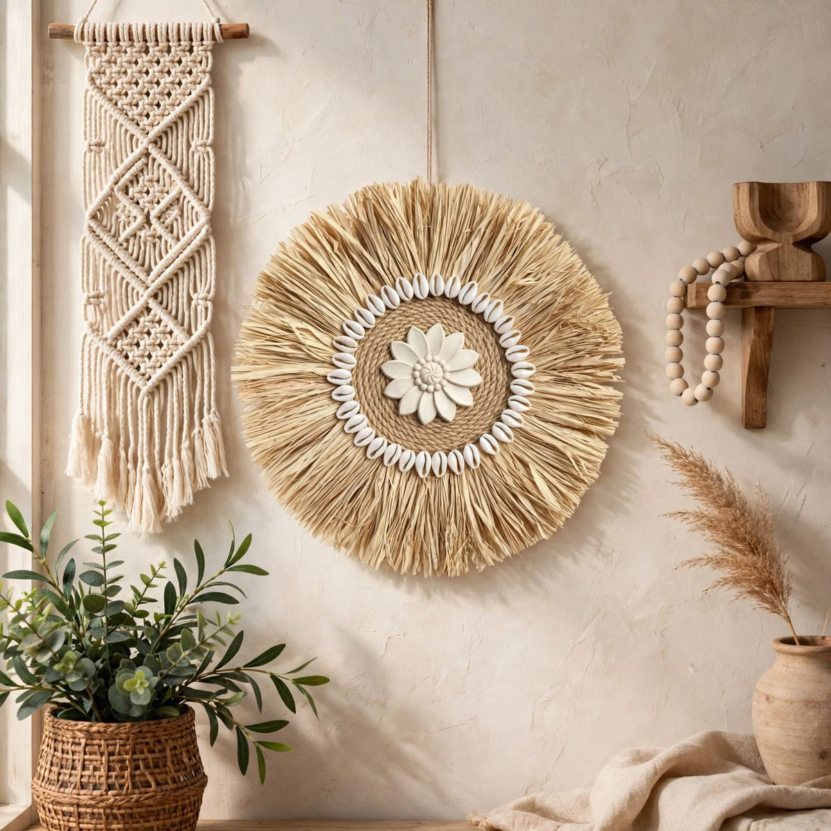 Décoration murale raphia — Rosaces tissées 30 cm