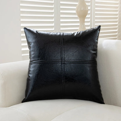 "Coussin décoratif noir cuir synthétique patchwork 50x50cm pour canapé"