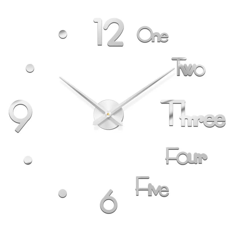 Horloge murale moderne 2023 en acrylique miroir avec design 3D, grand format, pour décoration intérieure, fabriquée par Mafrenesiedecoration.
