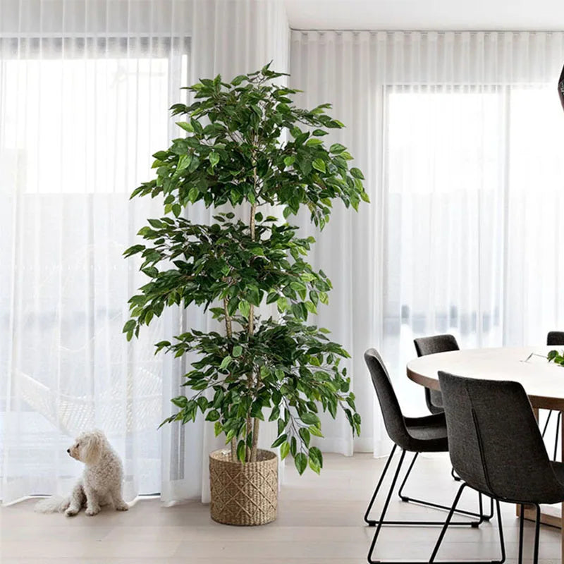 Un grand ficus artificiel aux feuilles vertes ultra-réalistes trône près de rideaux transparents dans une pièce lumineuse et moderne. À proximité, un petit chien blanc est assis par terre et une table à manger avec des chaises noires est visible sur la droite.