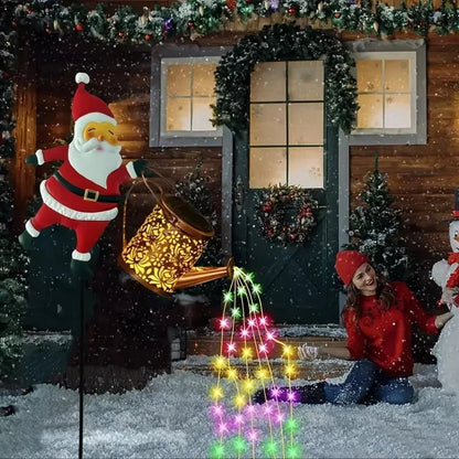 Décoration de jardin Noël Père Noël solaire avec arrosoir LED cascade, éclairage IP65, design festif et lumineux.