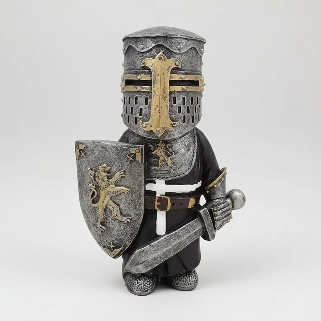Statue de nain de jardin insolite en résine représentant un chevalier médiéval humoristique, 15 cm, style fantaisie.