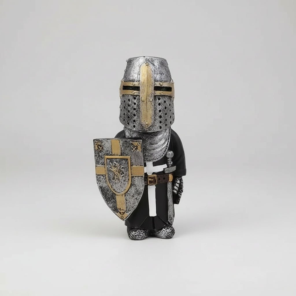 Statue de nain de jardin en résine représentant un chevalier médiéval humoristique, 15 cm, style fantaisie, décor de jardin.