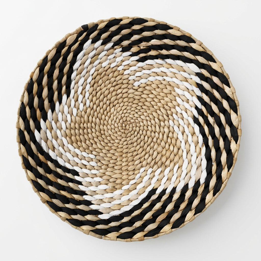 Disque mural en seagrass tressé, étoile blanche et noire sur fond naturel