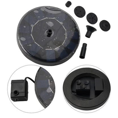 La fontaine solaire noire Sun-Founᵀᴹ de Mafrenesiedecoration est dotée de multiples buses et dune pompe submersible, idéale pour un jardin écologique. Un panneau circulaire aux accents carrés montrant des gouttes deau, ainsi que des incrustations de la vue de dessous et des détails de la pompe, renforcent son élégance.