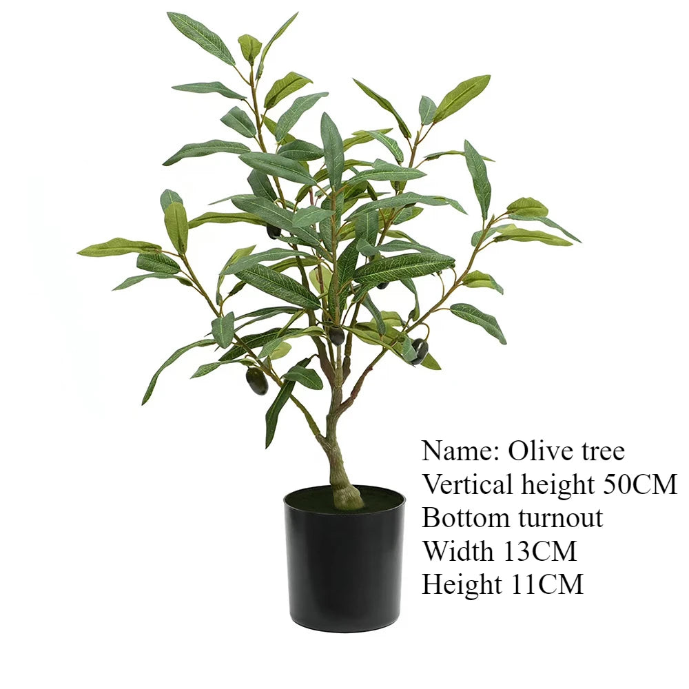 La Plante artificielle extérieur-Olive, avec des feuilles vertes et des olives réalistes, est présentée sur un fond blanc avec ses dimensions en centimètres, idéale pour ajouter un style méditerranéen à votre maison.