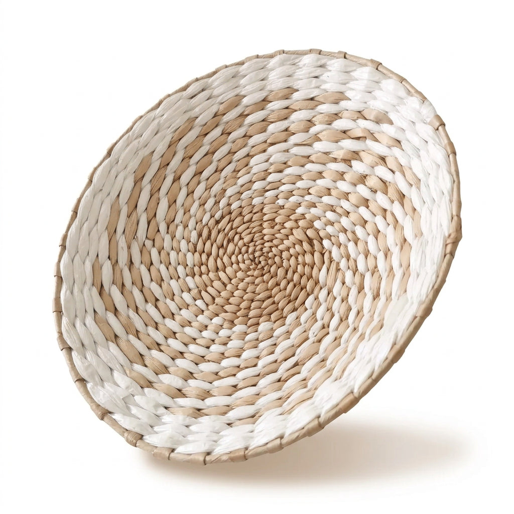 Disque mural tressé blanc et naturel, bord relevé