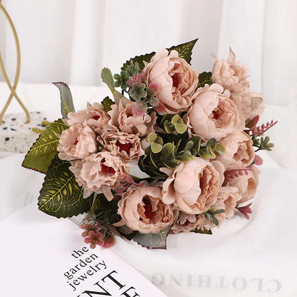 Pivoine artificielle coloris café, bouquet en soie avec feuillage