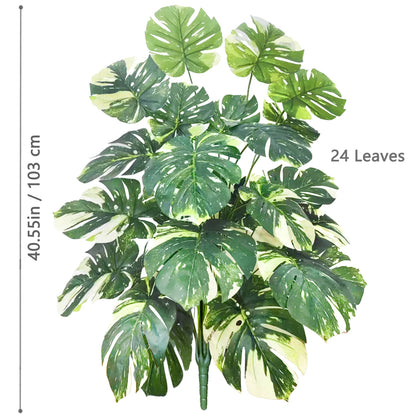 Plante artificielle extérieure-Monstera avec 24 feuilles vertes, hauteur 103 cm. Idéale en déco extérieure sans entretien, elle comporte une ligne de hauteur sur le côté gauche.