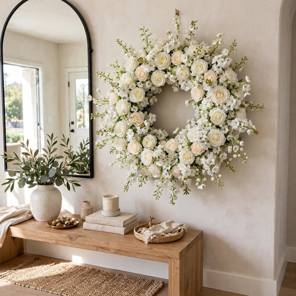 Couronne de fleurs artificielles en roses et delphiniums, vue d'ensemble