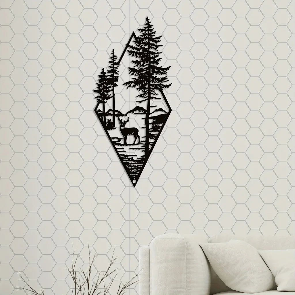Décoration murale métallique : cerf majestueux dans forêt paisible montagneuse.