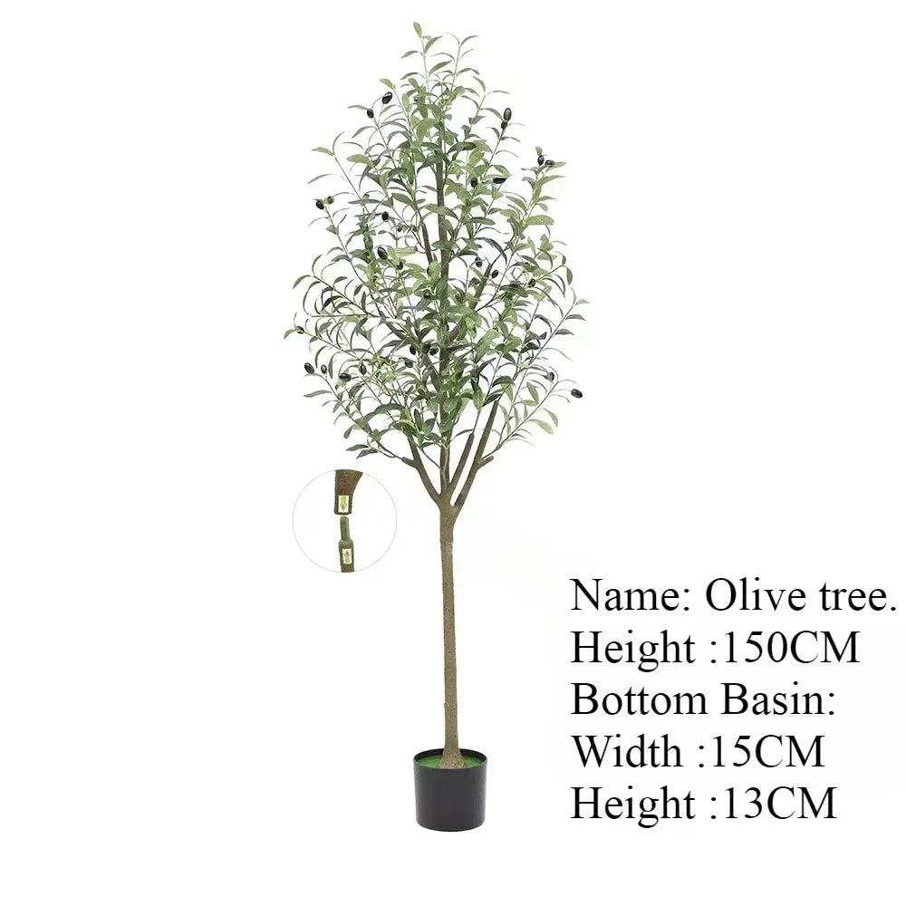 Une Plante artificielle extérieure-Olive aux feuilles vertes se tient debout. Le texte se lit comme suit : Nom : Plante artificielle extérieure-Olive. Hauteur : 150CM. Bassin inférieur : largeur 15 cm, hauteur 13 cm, parfait pour un jardin méditerranéen.