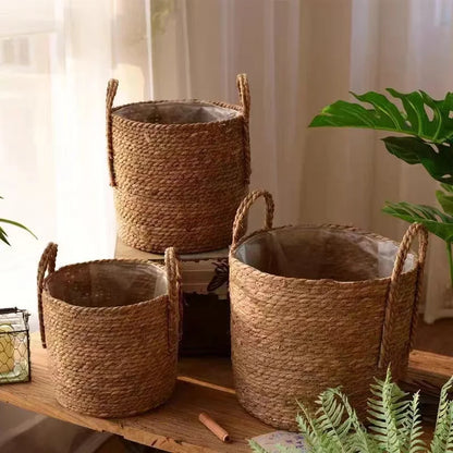 Cache-pot en corde végétale 3 tailles 20 25 30 cm posées ensemble fond blanc