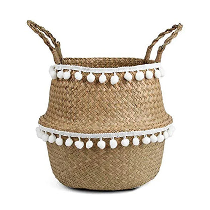 Panier en jonc de mer à pompons blancs, vue de face