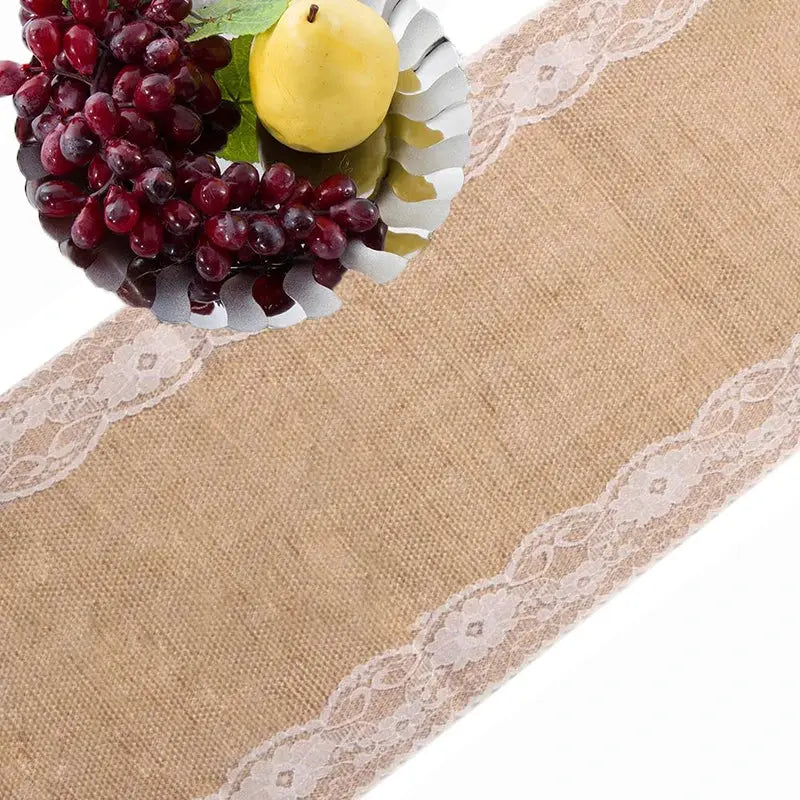 Chemin de table jute dentelle blanche 30x180cm détail texture ajoure