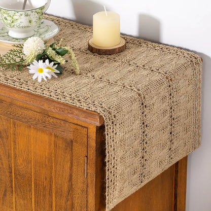 Chemin de table jute macramé petit format buffet salon bohème