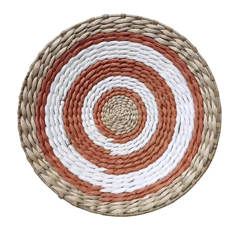 Disque mural tressé terracotta, blanc et naturel, cercles concentriques