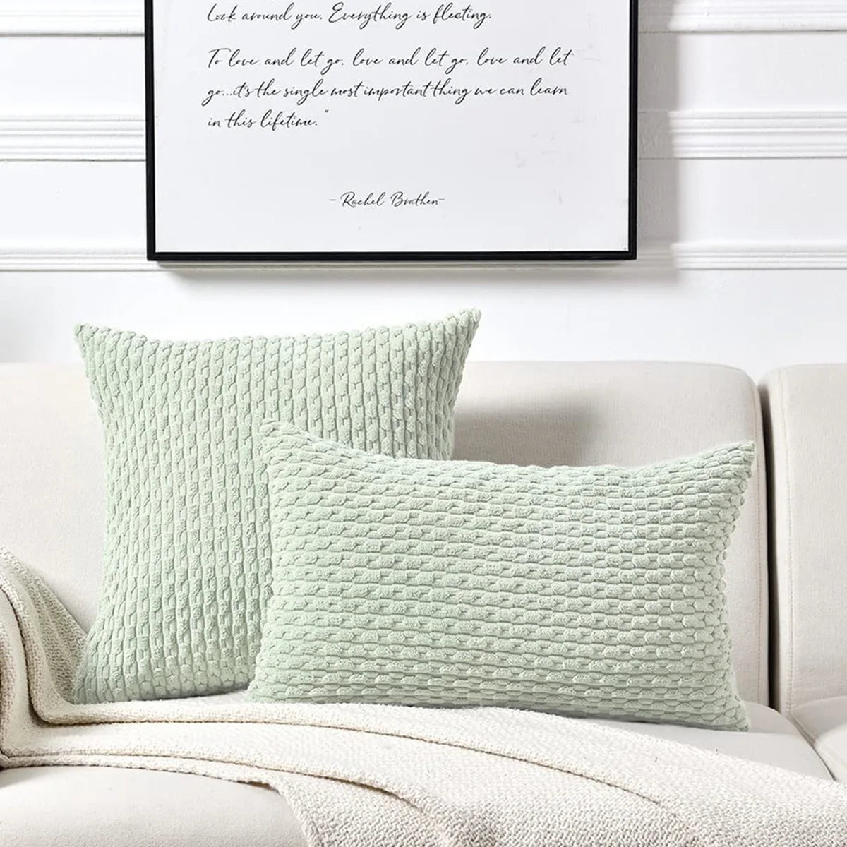 Coussin decoratif canape vert clair 45cm style boho rayures - decoration salon moderne
