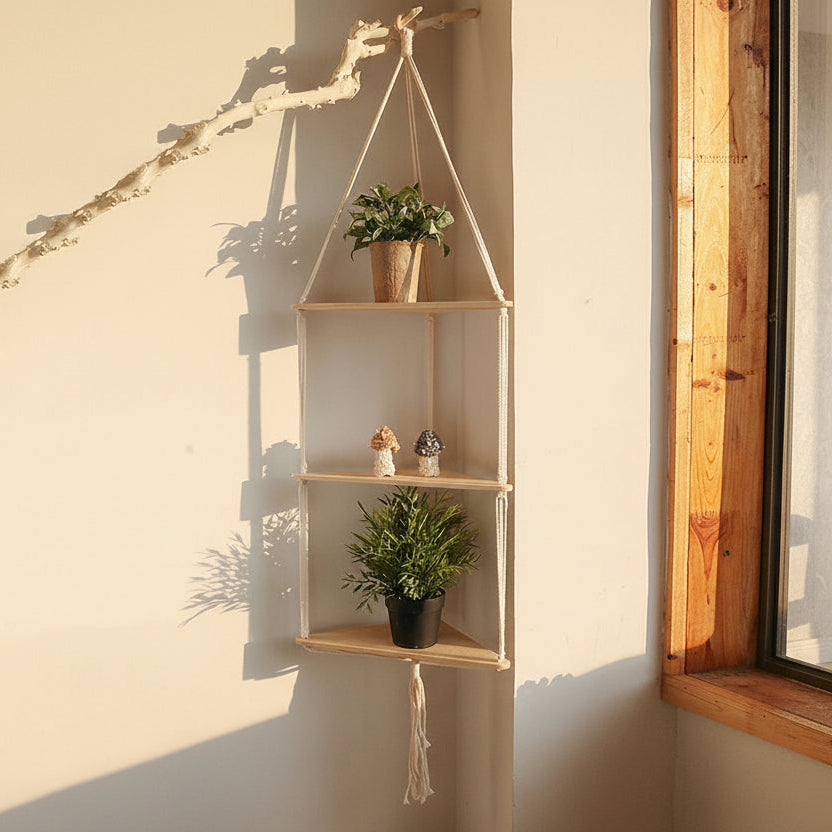 Etagere murale bois naturel flottante corde macramé style bohème chambre
