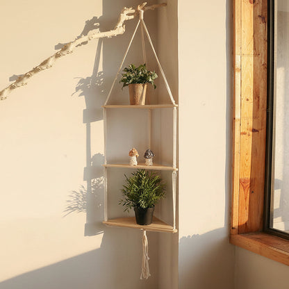 Etagere murale bois naturel flottante corde macramé style bohème chambre
