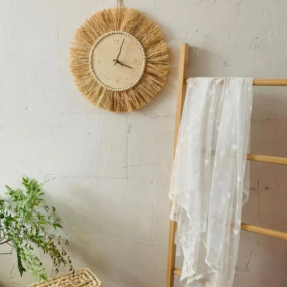 Horloge paille tissée main — Silencieuse, déco nordique