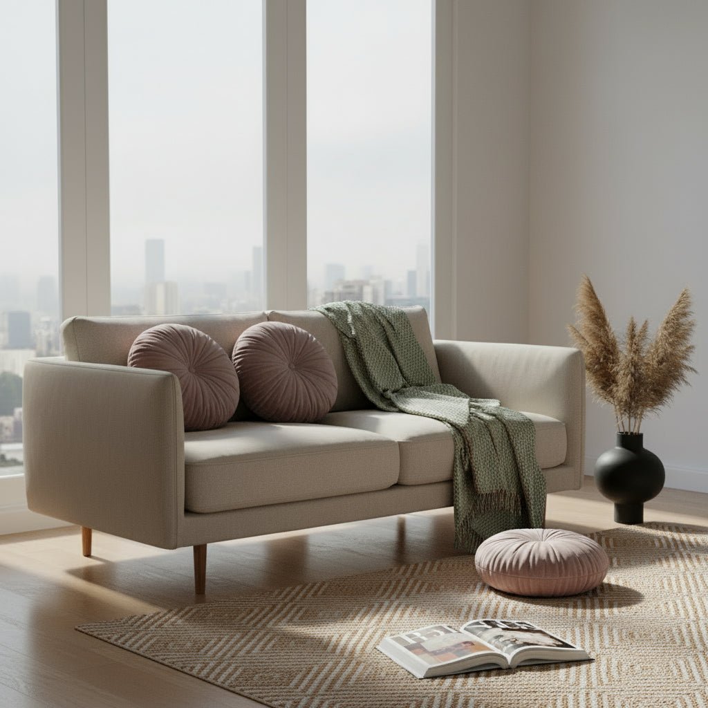 Salon moderne avec coussins canapé velours plissé disposés symétriquement sur canapé beige