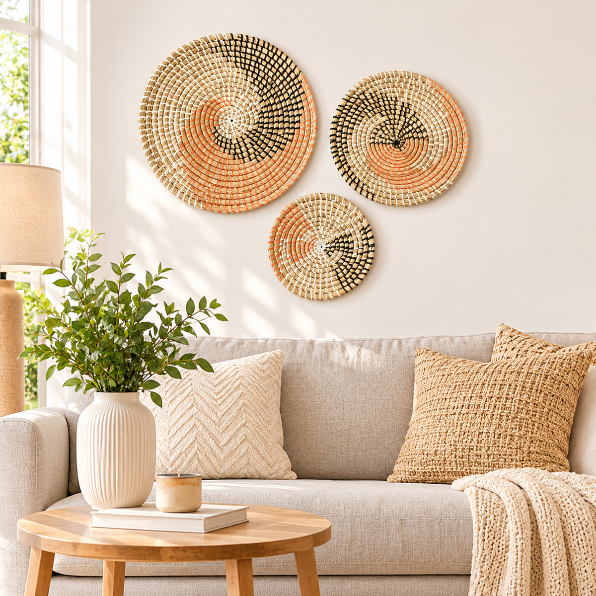 Trois plats muraux tressés en spirale au-dessus d'un canapé beige, avec vase et plante sur une table basse
