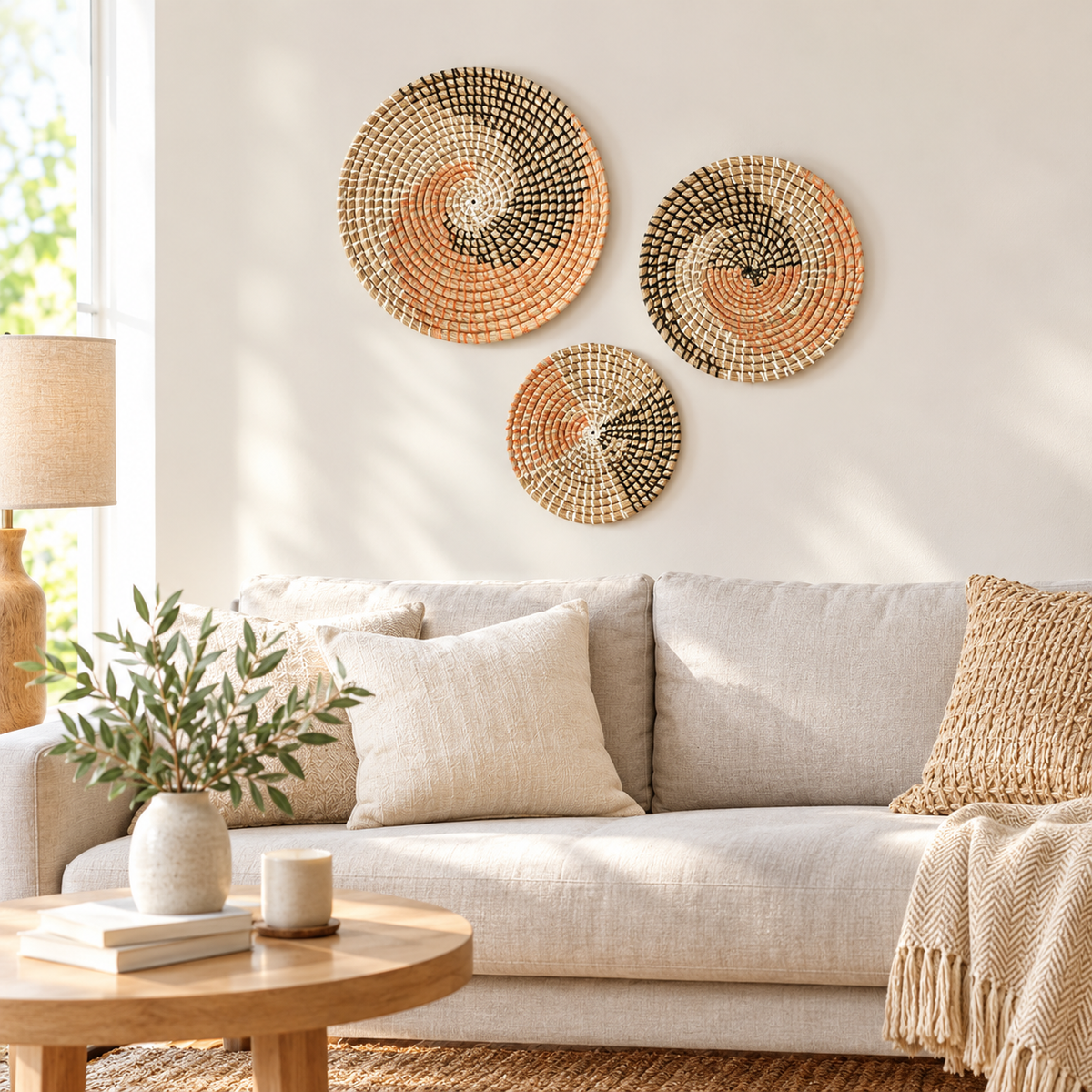 Trois plats tressés accrochés au mur au-dessus d'un canapé beige et d'une table basse en bois
