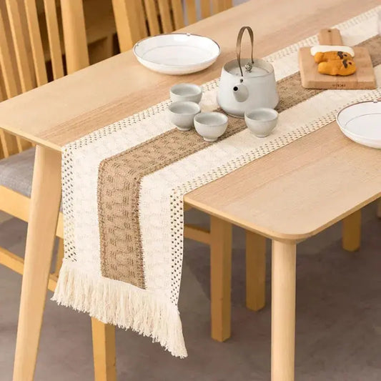 Chemin de table jute lin tissé main 8 motifs crème caramel bleu