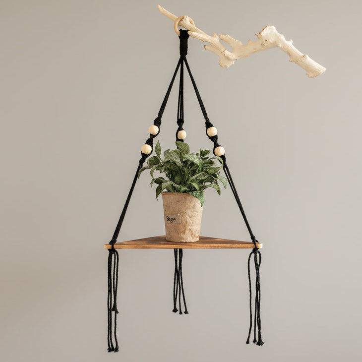 Etagere murale bois angle triangulaire suspendue macramé rangement décoratif
