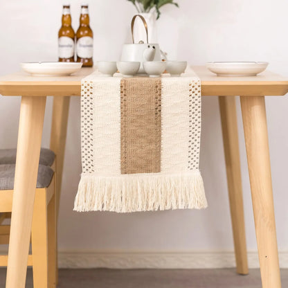 Chemin de table tissé main jute lin naturel beige franges artisanal