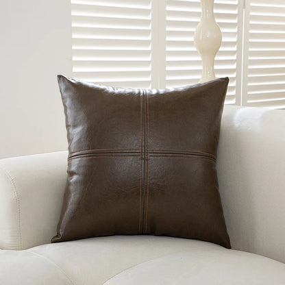 "Coussin décoratif chocolat cuir synthétique patchwork 50x50cm pour canapé"