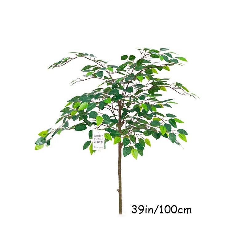 La Plante artificielle-Ficus affiche un design ultra-réaliste : feuilles vertes, tige brune, étiquette sur une branche. La mention "39in/100cm" précise la hauteur. Parfait pour une déco vivante et moderne sur fond blanc épuré.