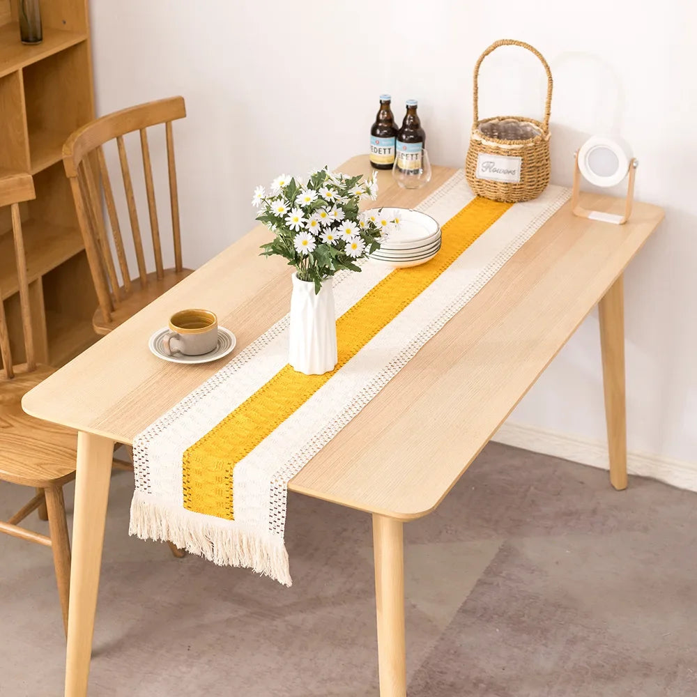 Chemin de table tissé main jute naturel franges décoration rustique