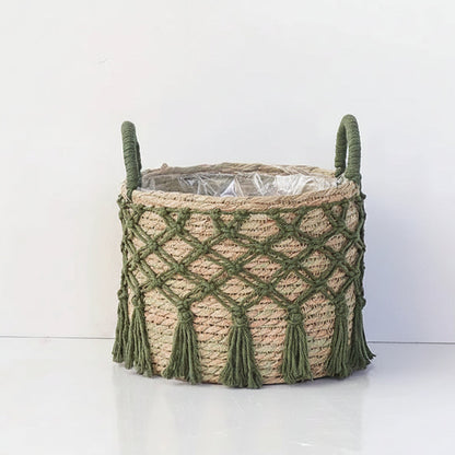 Les deux coloris du cache pot macramé, vert olive et beige