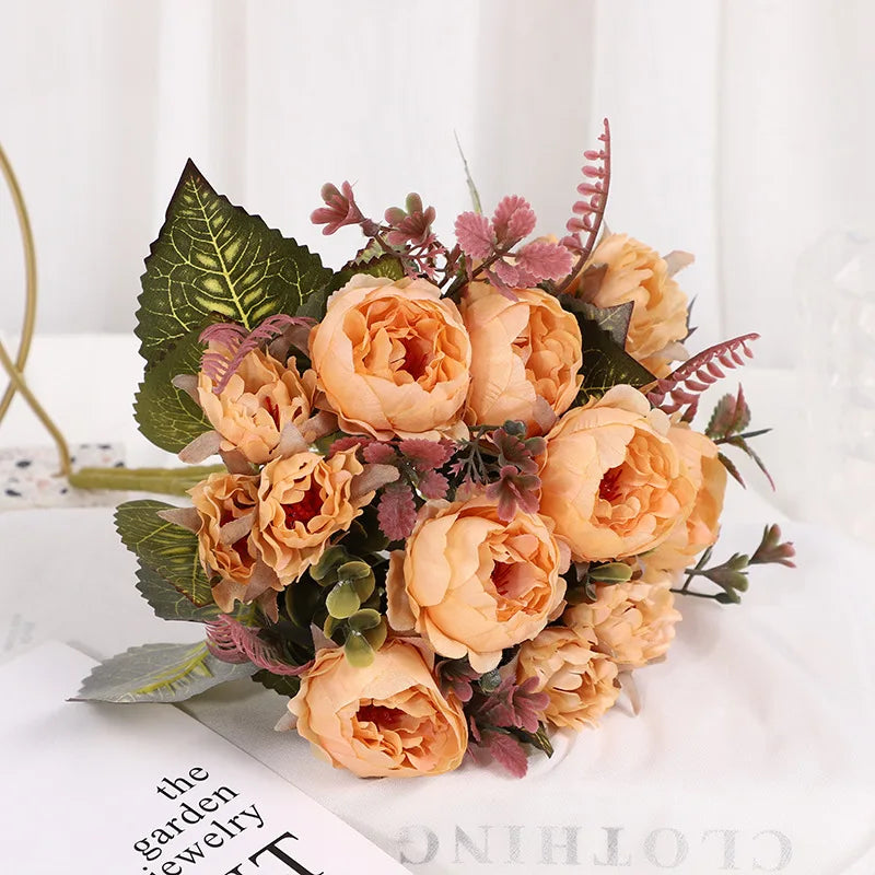 Pivoine artificielle jaune en soie pour décoration intérieure