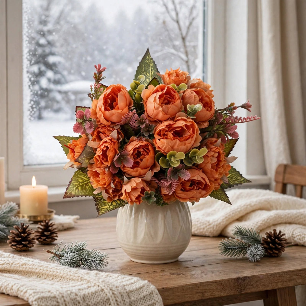 Pivoine artificielle orange dans un vase, décoration de salon