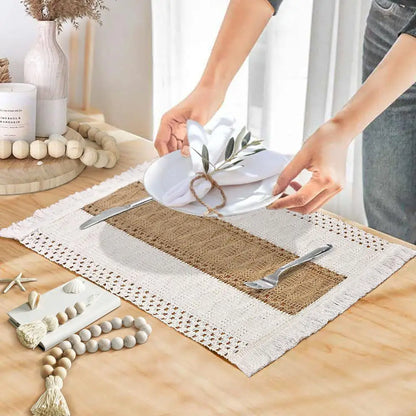 Chemin de table patchwork jute crème marron détail texture bohème