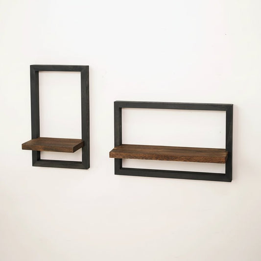Étagère carrée murale en bois noir 2 pièces, rangement flottant style rustique farmhouse pour décoration intérieure
