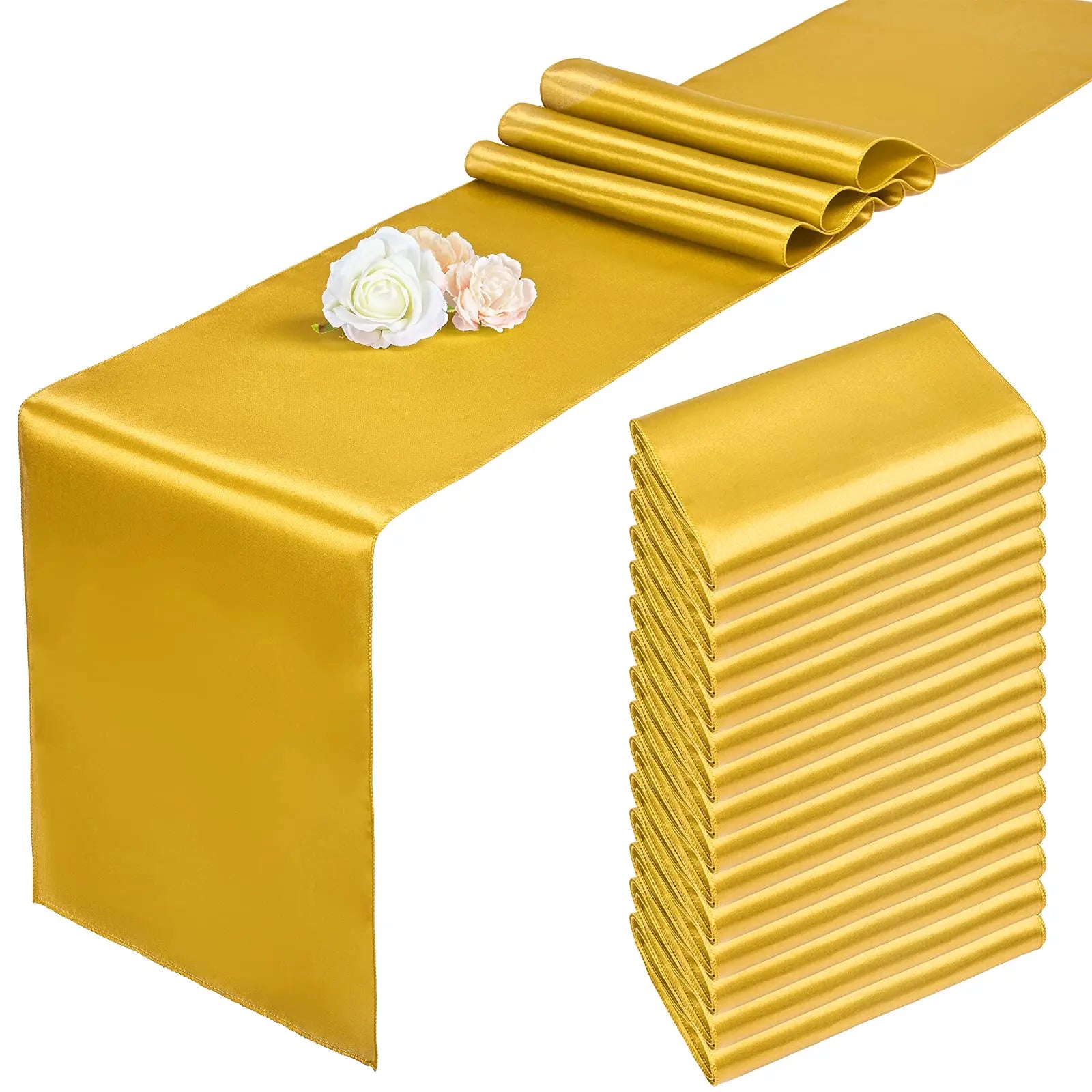Chemin de table en satin doré de Mafrenesiedecoration, parfait pour mariage et fêtes, 20 couleurs disponibles.