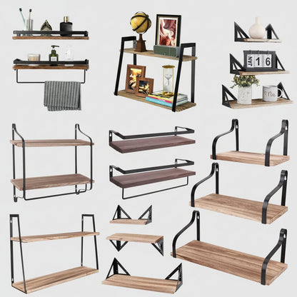 Etagere murale bois naturel pin métal noir installation murale rangement décoratif rustique
