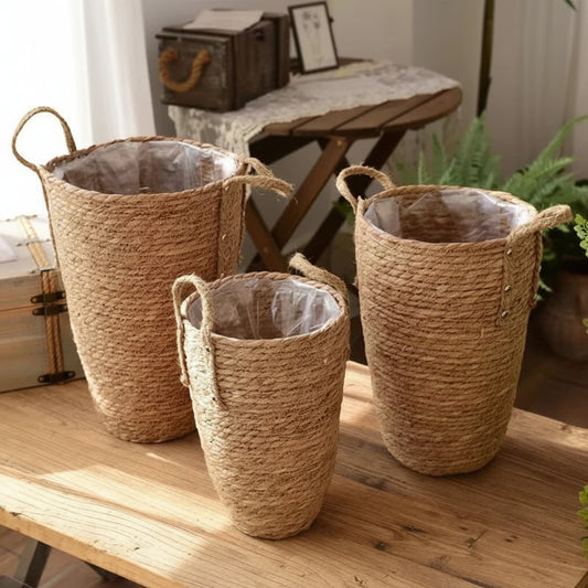 Cache pot haut en corde végétale, trois tailles avec anses en jute