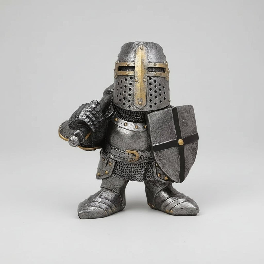 Statue de nain de jardin en résine représentant un chevalier médiéval humoristique, hauteur 15cm, style fantaisie et chibi.