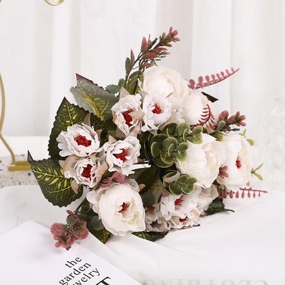 Pivoine artificielle blanc lait en soie, bouquet pour vase clair
