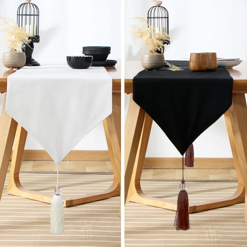 Chemin de table avec gland style japonais blanc noir coton double face