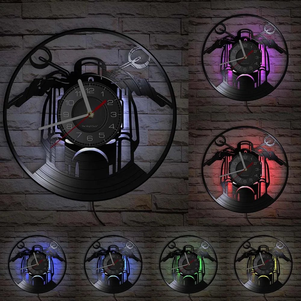 Horloge Moto Murale Vinyle Recycle Retro | Quartz Silencieux LED - Mafrenesiedecoration