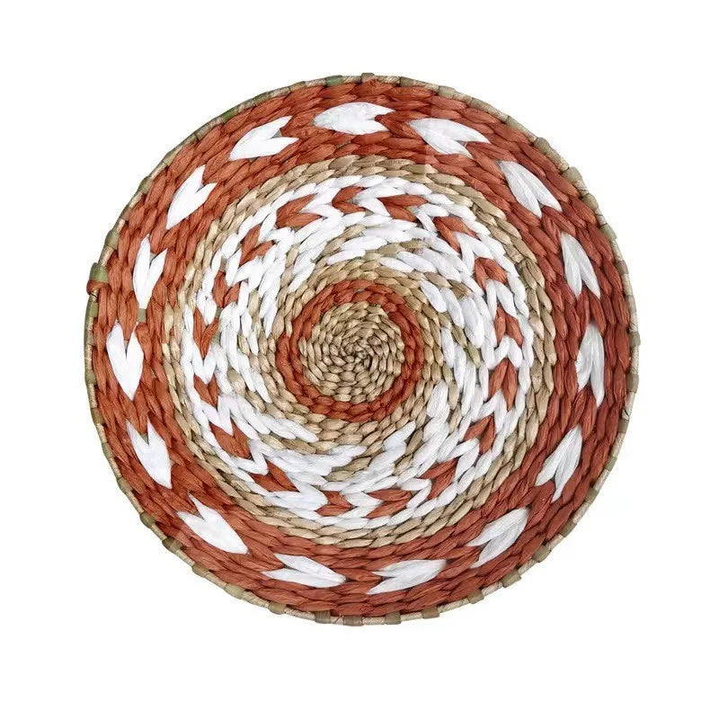 Disque mural tressé terracotta, blanc et naturel, motif en spirale
