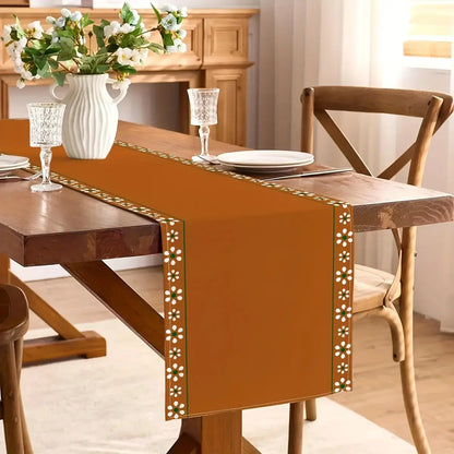Chemin de table terracotta motif imprimé texture lin naturel