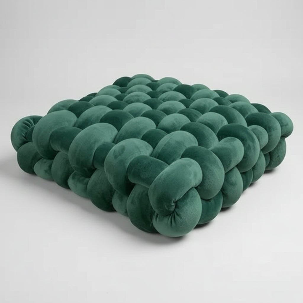 Grand coussin canapé velours vert noué main 40x40cm style scandinave